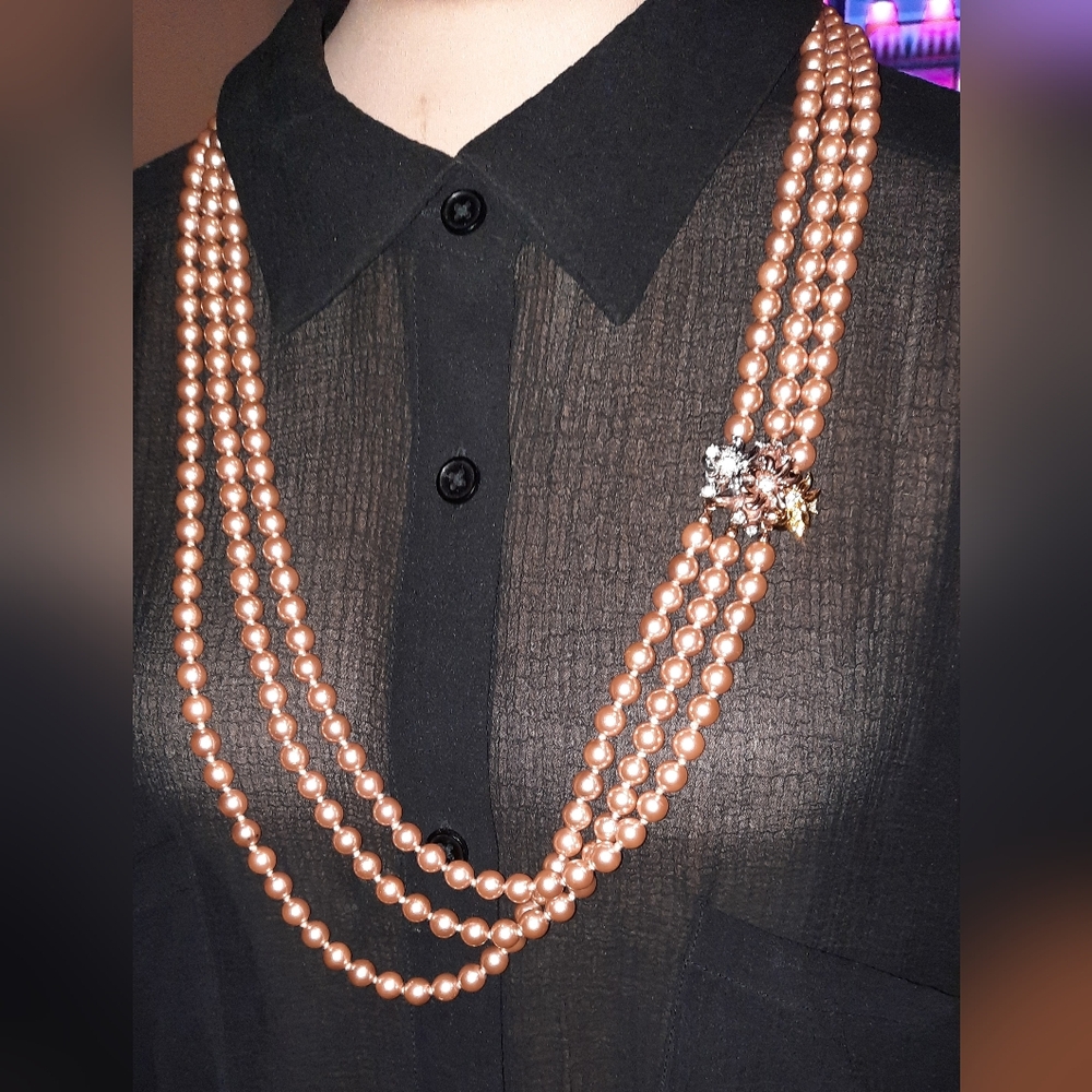 Nolan Miller Signed goldplate cz flower clasp vintage glass pearl necklace 80s